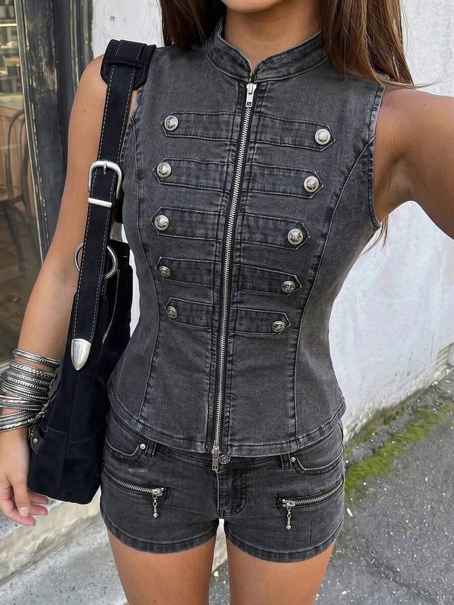 napoleon style double-breasted sleeveless denim vest