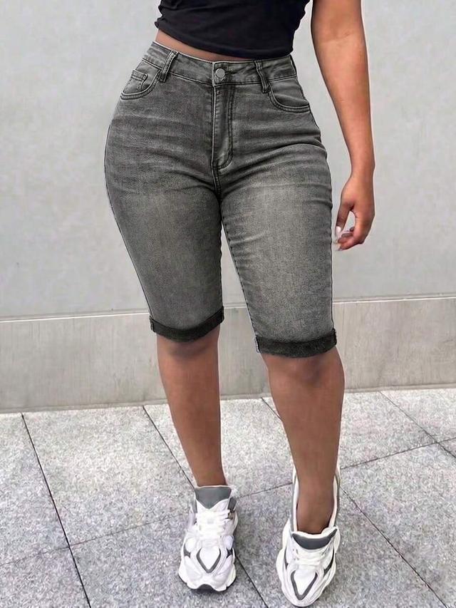 grey washed denim high waisted shorts