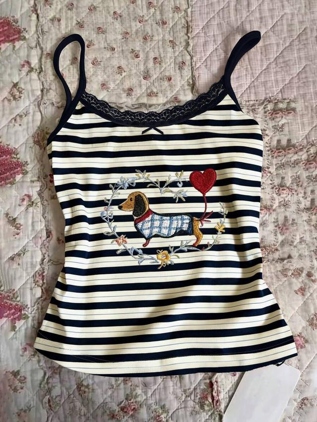 dachshund dog heart embroidery striped contrast lace camisole