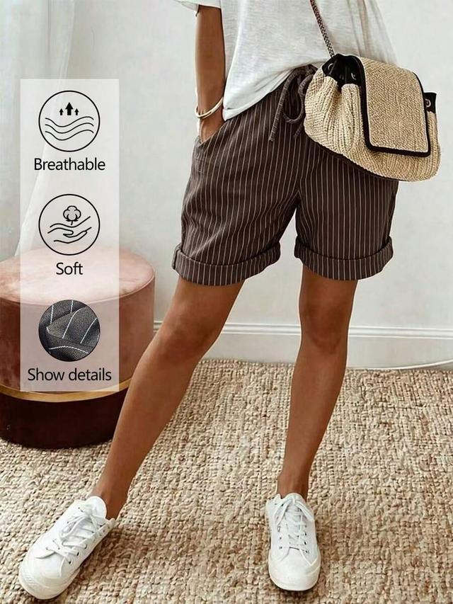 casual brown striped shorts with drawstring waist