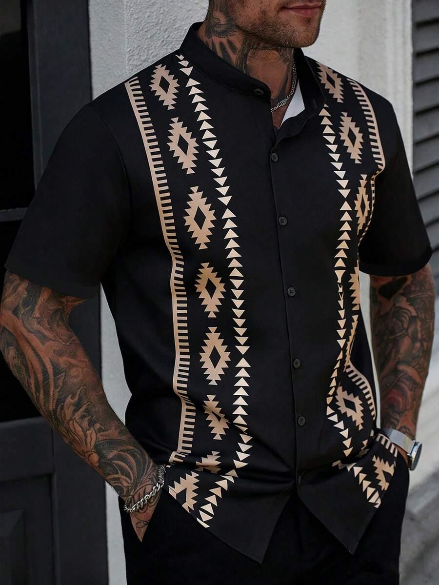black short sleeve shirt with geometric print