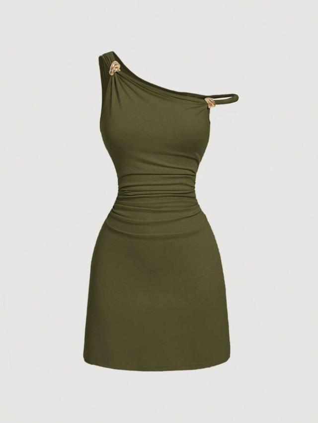 fitted ruched army green dress with metal buttons