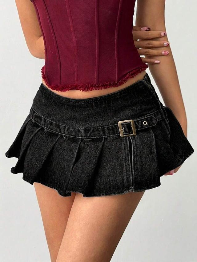 black denim pleated mini skirt with buckle detail