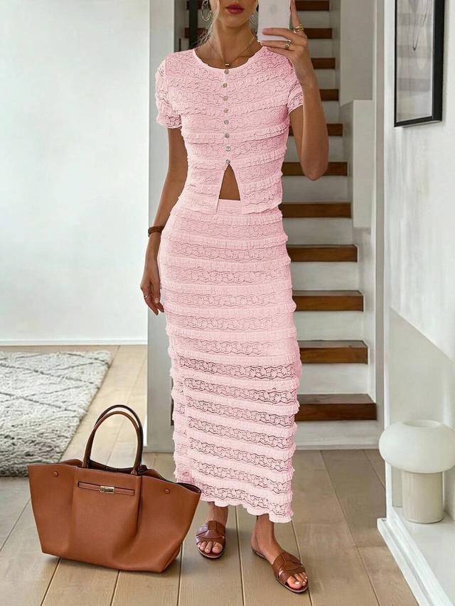 baby pink textured lace button placket coord set