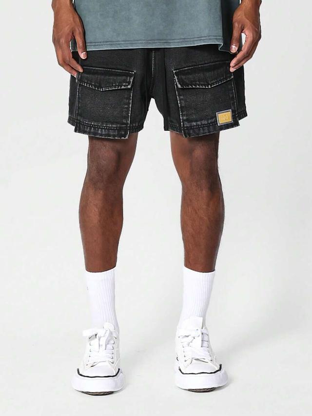 sumwon black acid wash denim cargo shorts