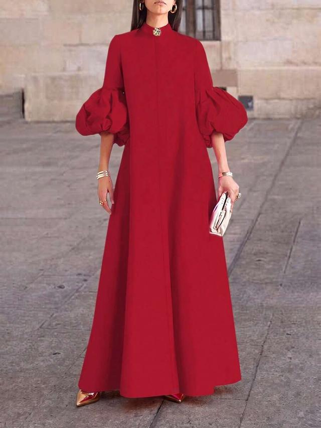 elegant red mid-length dress with oversized lantern sleeves