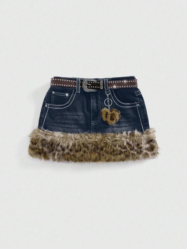 denim mini skirt with leopard faux fur trim