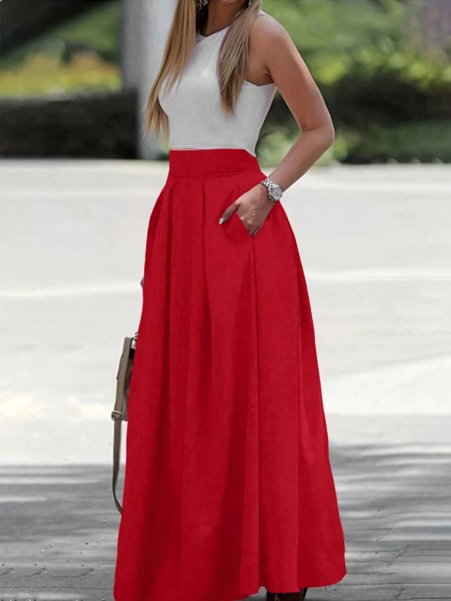 solid red elegant maxi skirt with side pockets