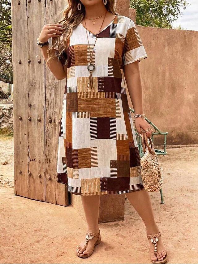 plaid patchwork print button decor plus size dress