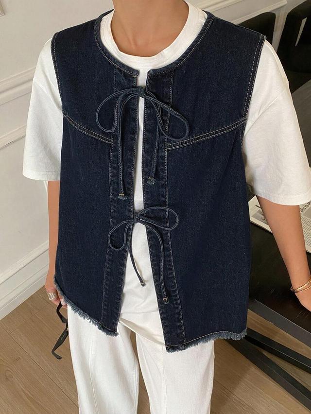 dark wash denim vest with bowknot tie closure