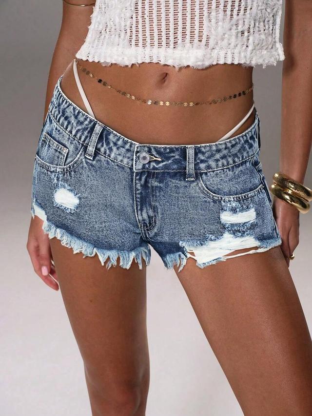 casual washed ripped low waist denim shorts