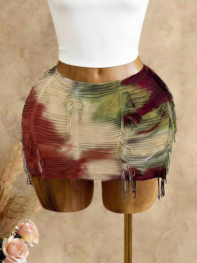 tie-dye print distressed fringe mini skirt