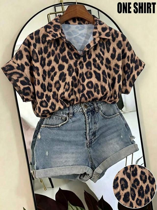 leopard print loose batwing sleeve collared shirt