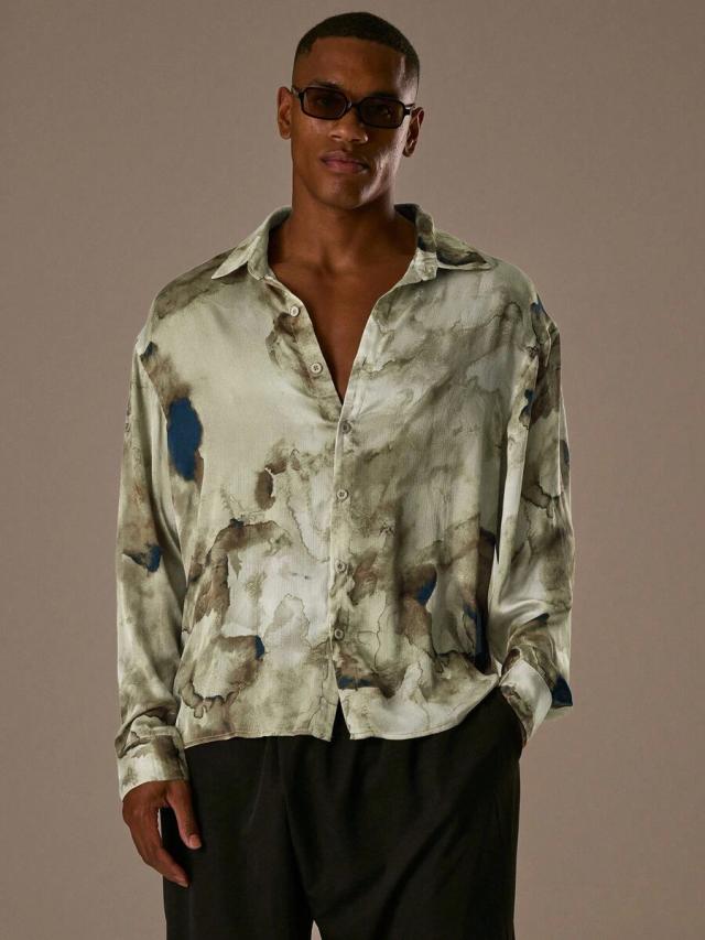 oversized abstract print long sleeve button through shirt