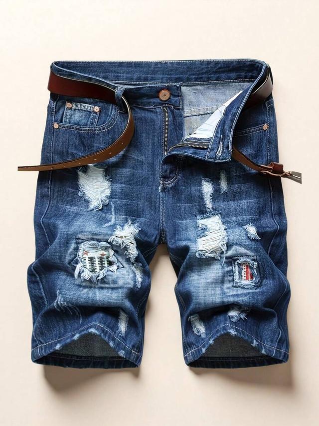 men's slim fit distressed blue denim shorts