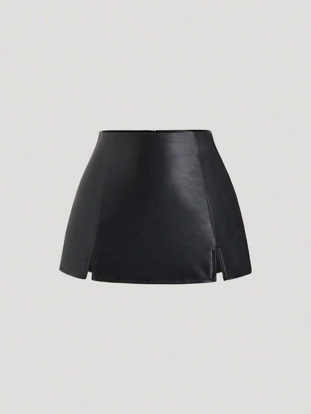 black pu leather low waist mini skirt with slits