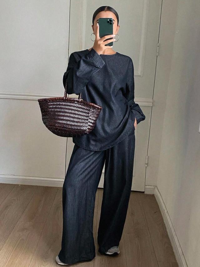 casual dark denim crew neck top and wide leg pants
