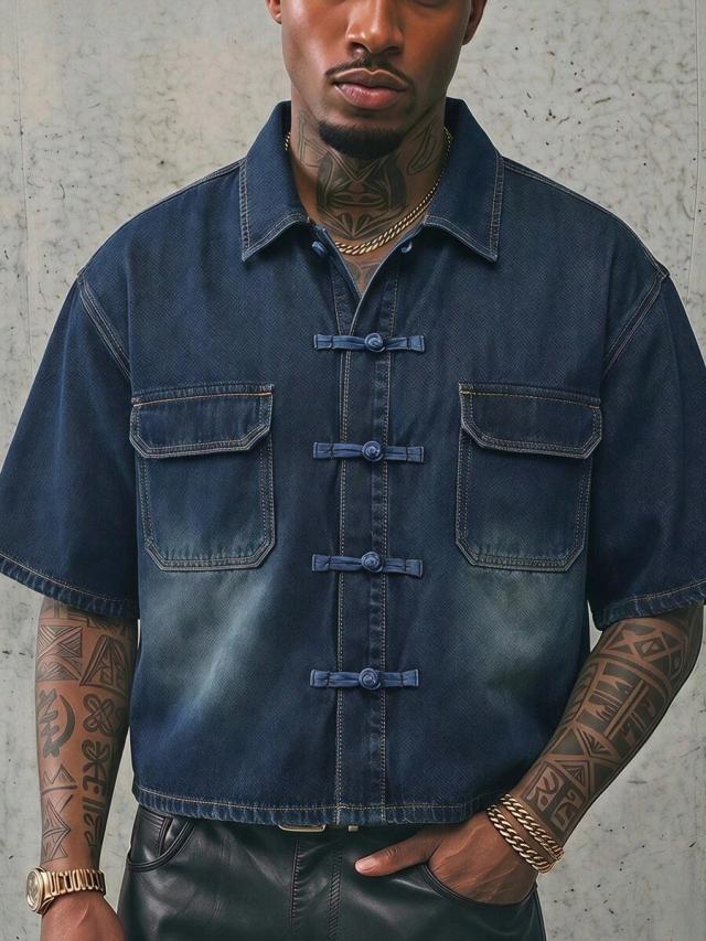 washed denim top with retro frog button closure