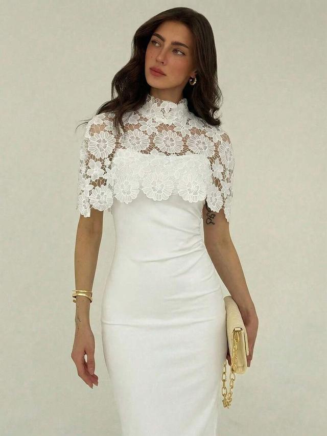white lace overlay high neck midi dress