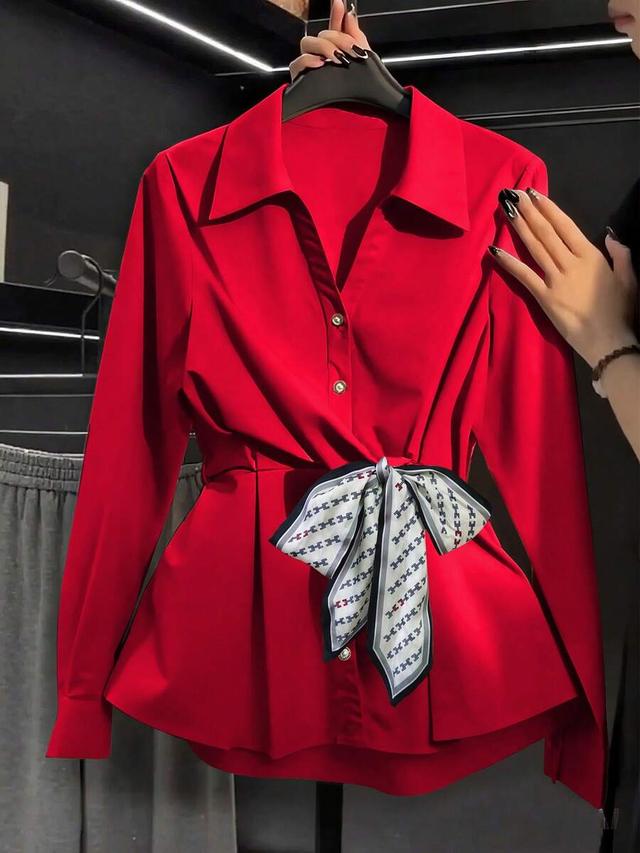 red long sleeve cinched waist elegant blouse