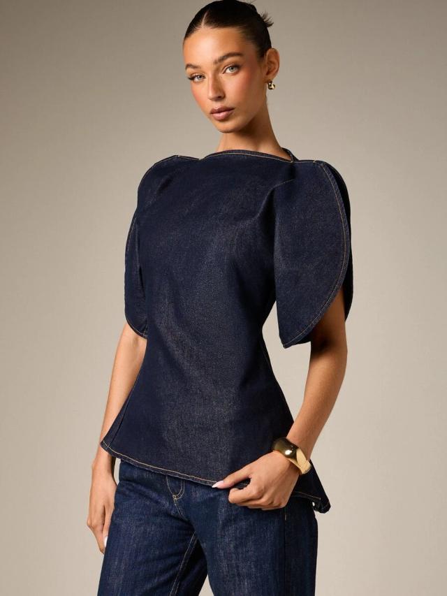 structured denim puff sleeve blouse with asymmetric hem