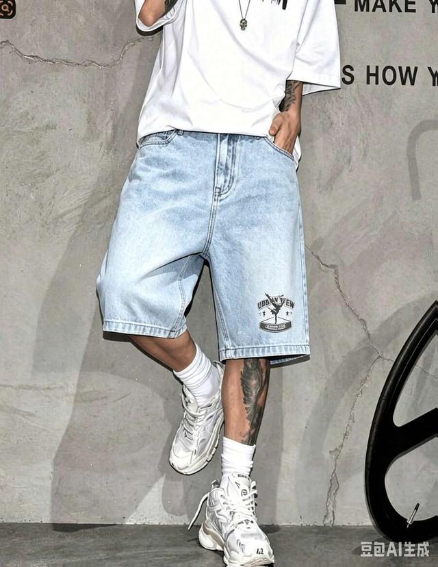 light wash denim breakdance print loose shorts