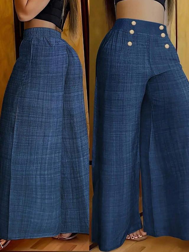 blue textured high waist button decor wide leg pants