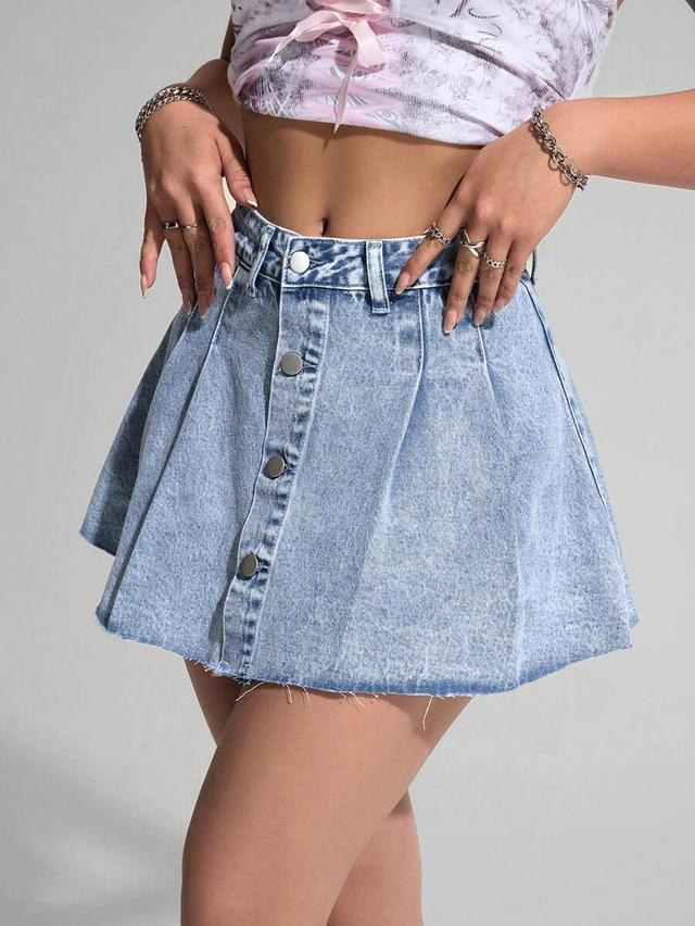 light wash denim button-front mini skirt