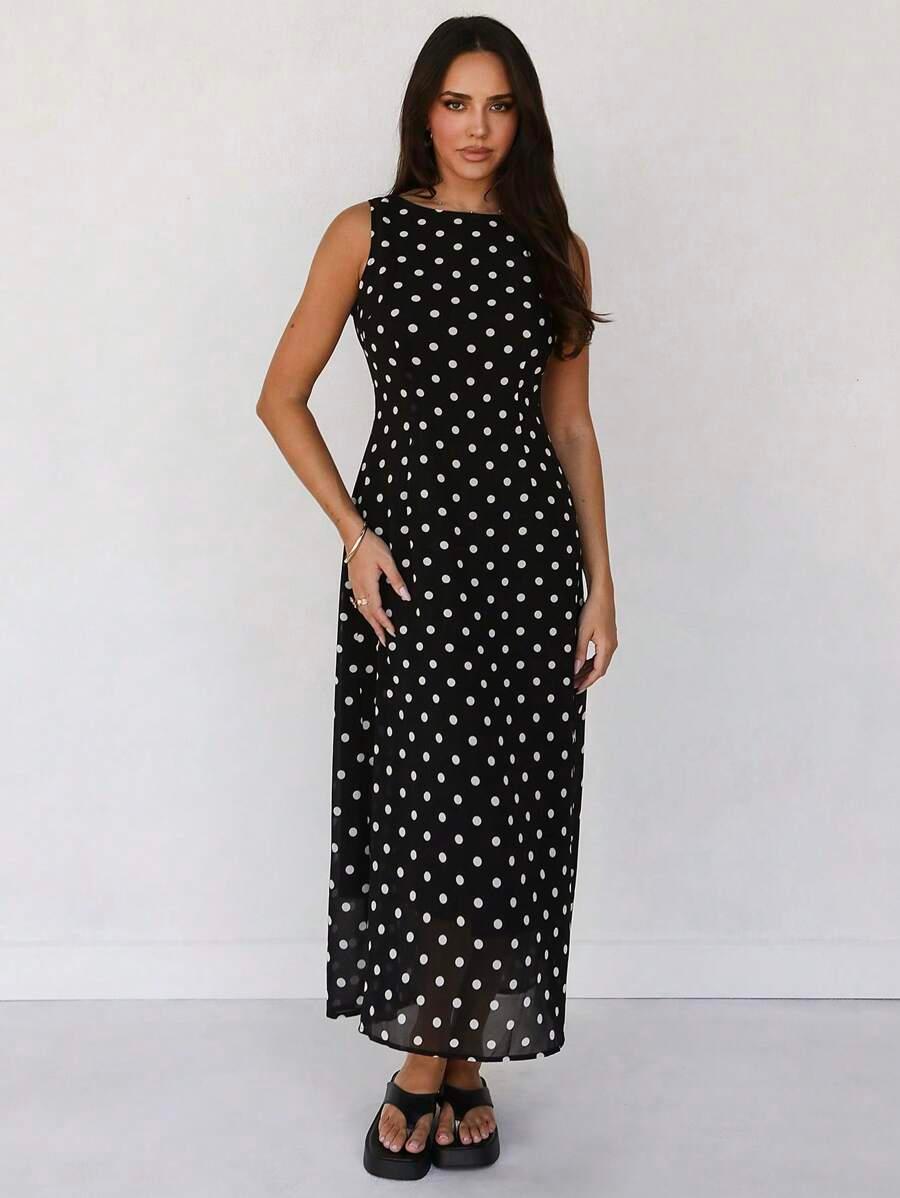 lumivelle new polka dot print elegant round neck sleeveless chiffon dress