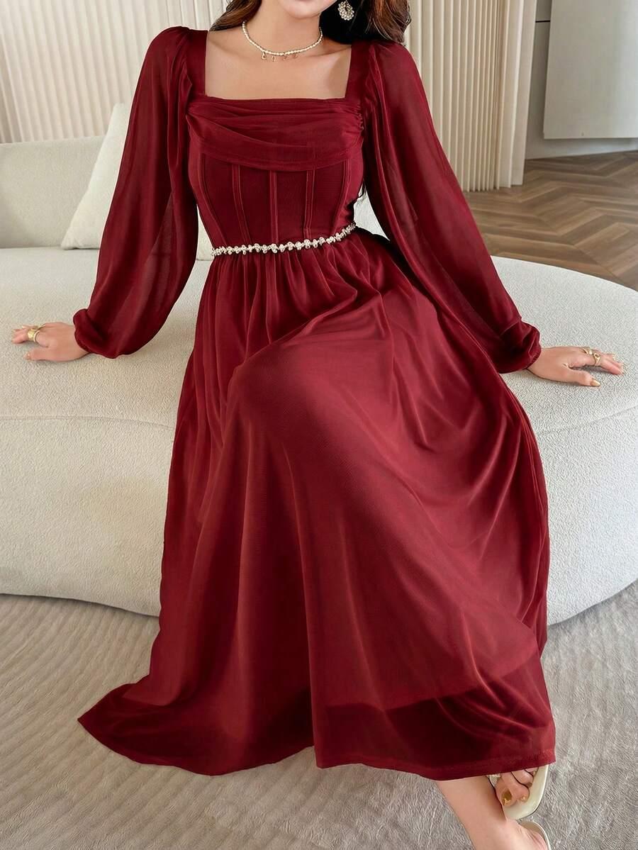 burgundy pleated square collar cinched waist lantern sleeve dress