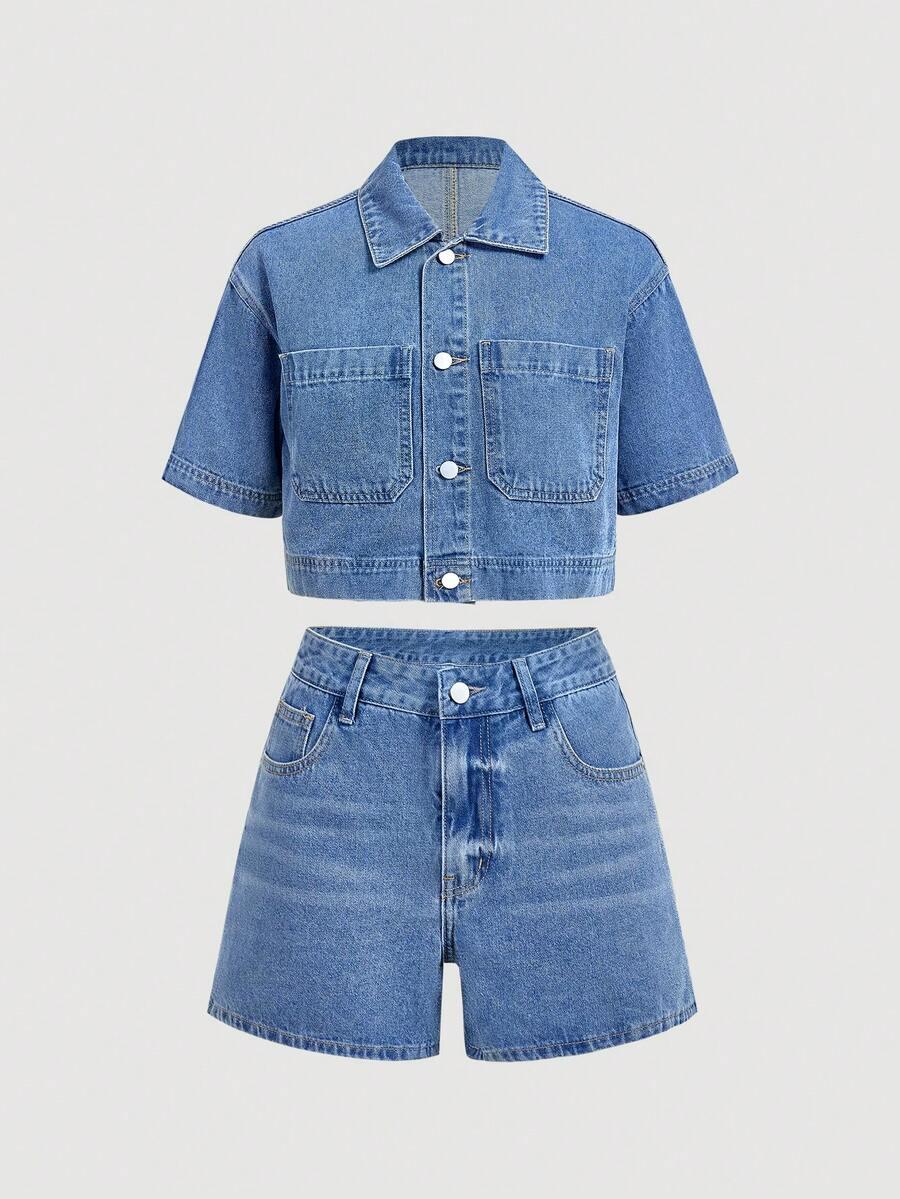 minimalist denim button front short sleeve set