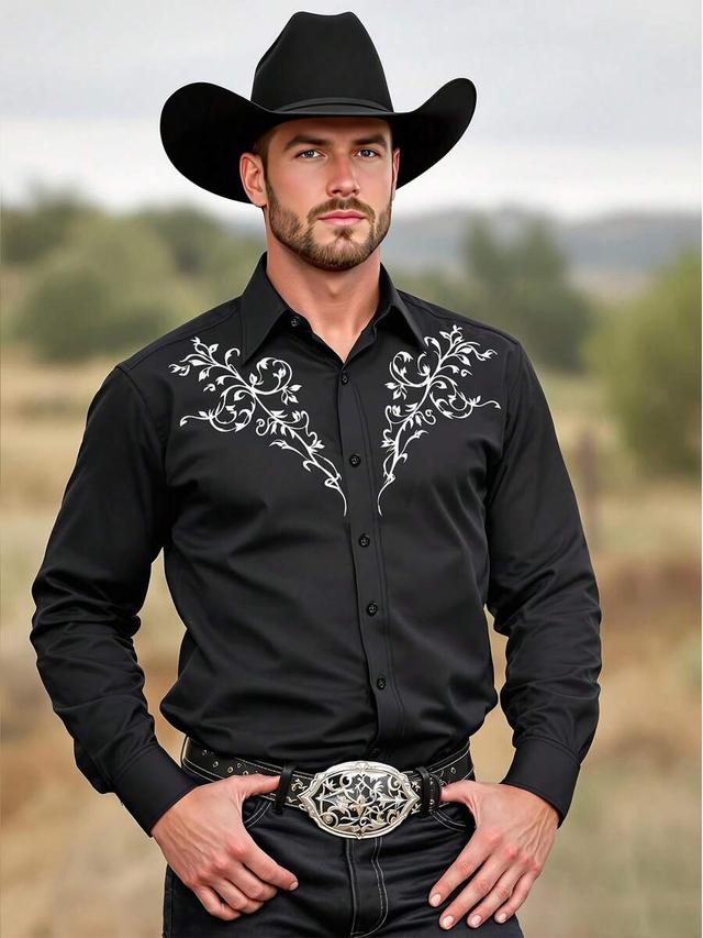 black western long sleeve shirt with white floral embroidery