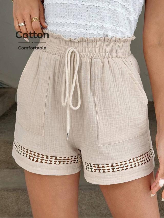 beige cotton drawstring waist shorts with lace trim