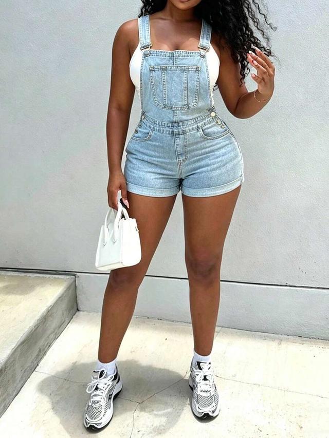 women's high stretch light wash denim overall shorts