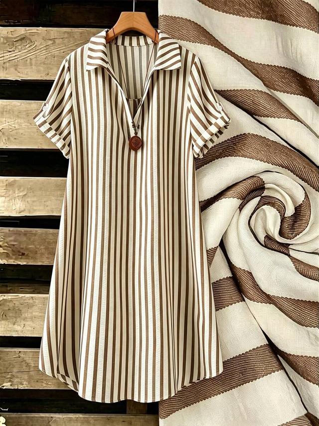 brown and white striped cotton shirt dress