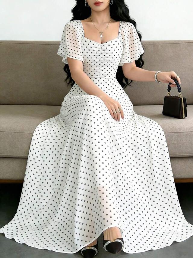 white and black polka dot square neck maxi dress