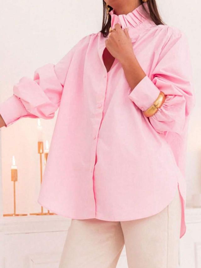 pink solid color lantern sleeve stand collar shirt