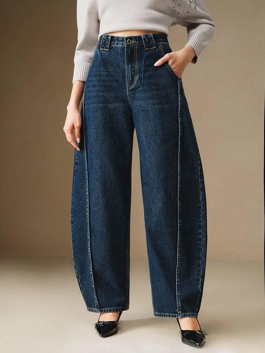 anewsta women's blue pocket casual fashion wide leg jeans
