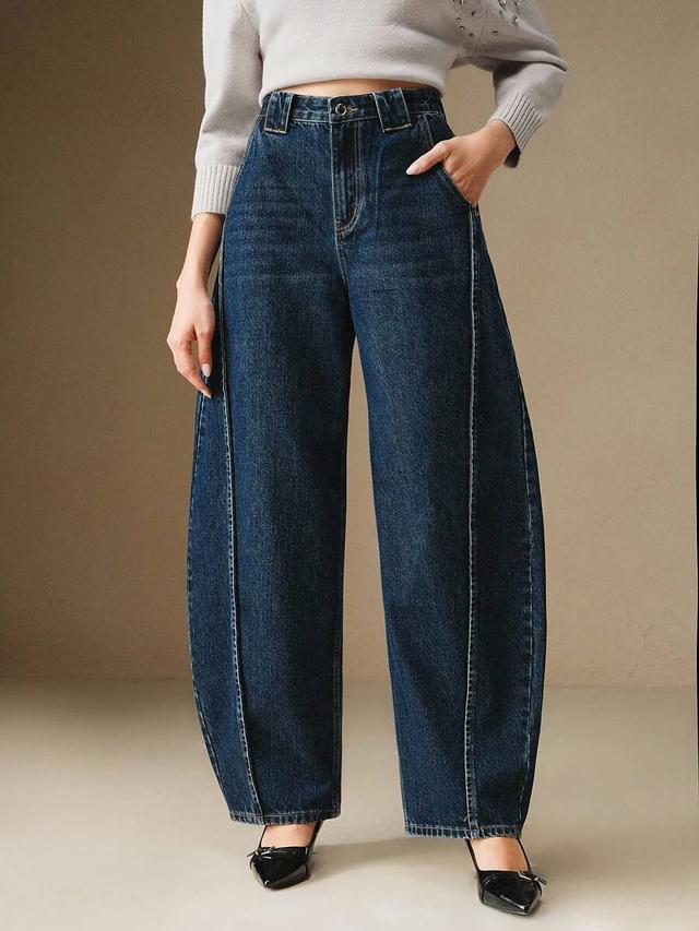 anewsta women's blue pocket casual fashion wide leg jeans