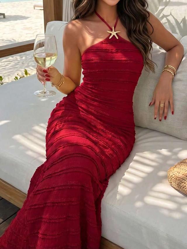 red textured halter neck long mermaid beach dress