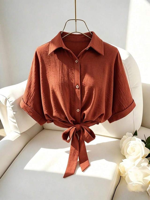 rust orange loose fit drop-shoulder tie-waist blouse