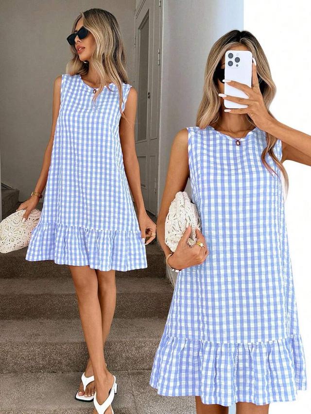 blue and white plaid sleeveless a-line sundress