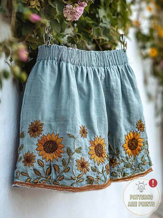 casual light blue sunflower embroidered linen shorts