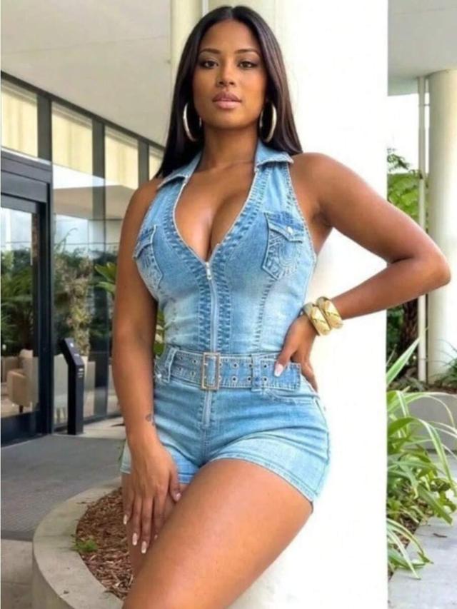 washed denim sleeveless zip-front romper with belt