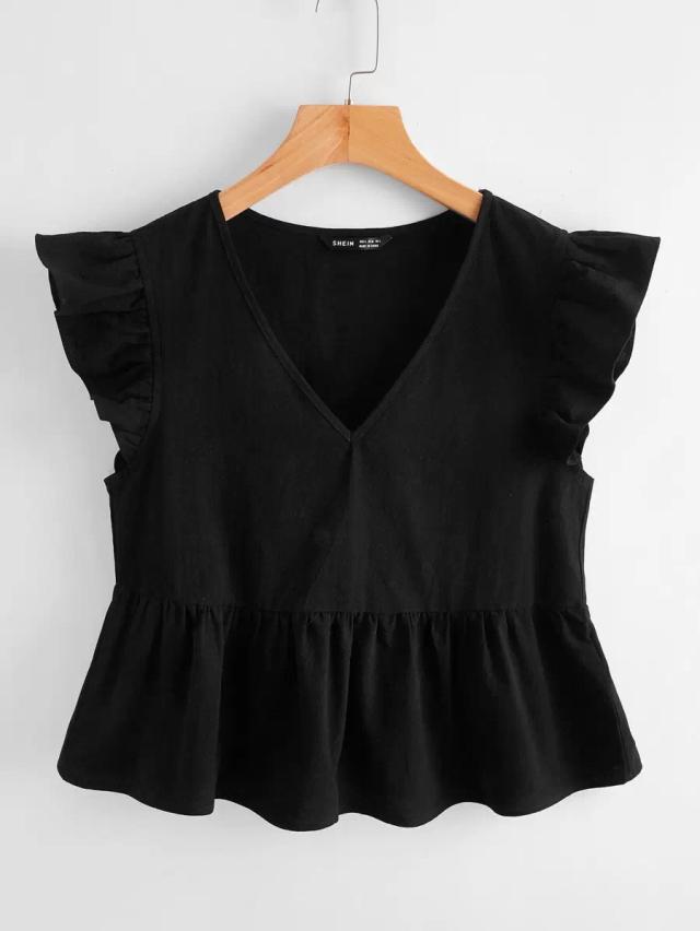black peplum top with butterfly sleeves and ruffle hem