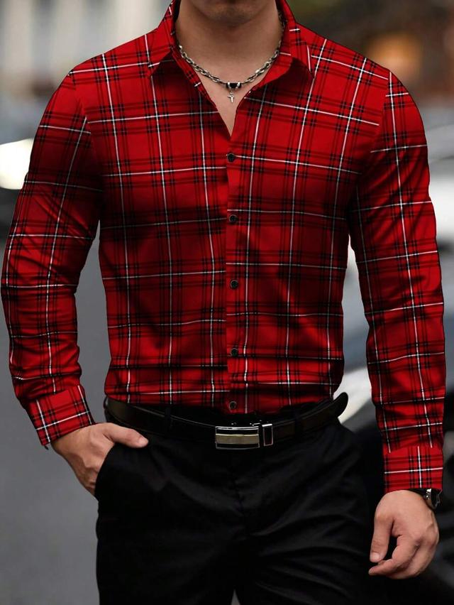red plaid print long sleeve formal shirt