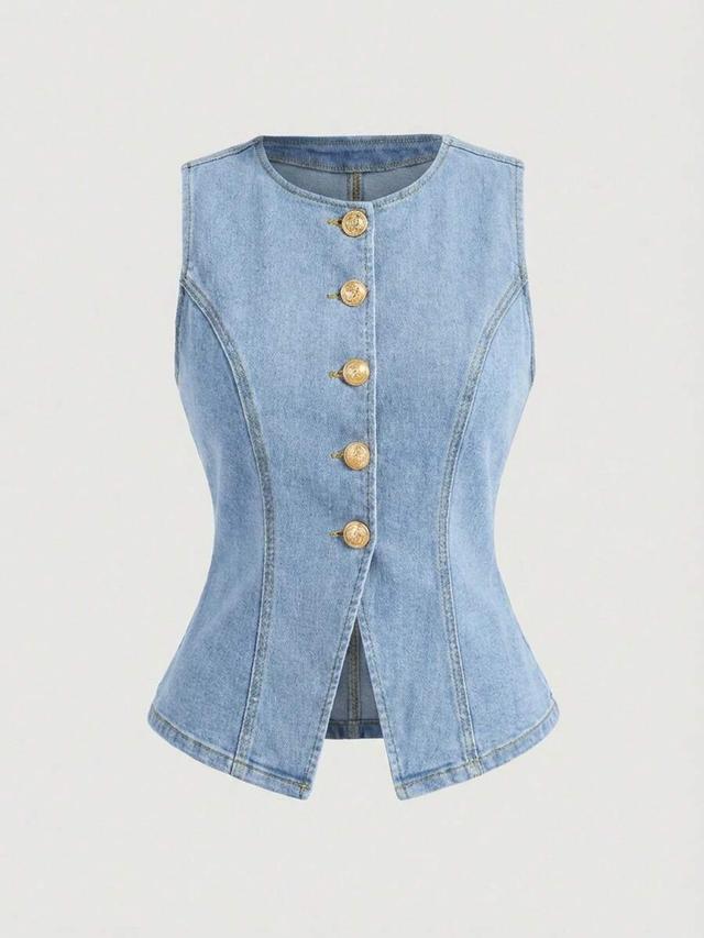 light blue denim button-up sleeveless peplum top