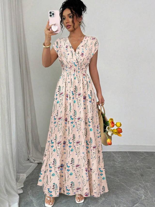 pink floral v-neck sleeveless cinched waist maxi dress