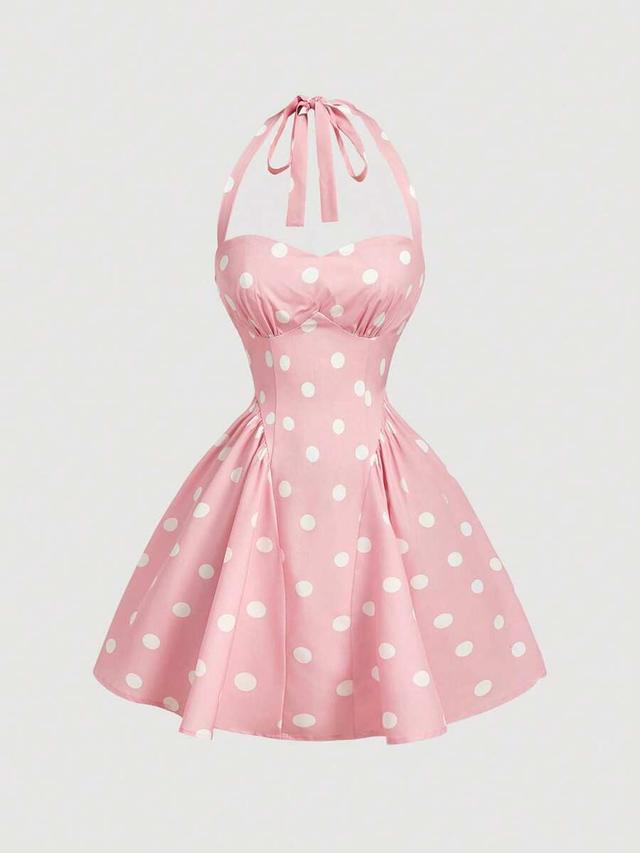 pink polka dot halter neck fit and flare dress