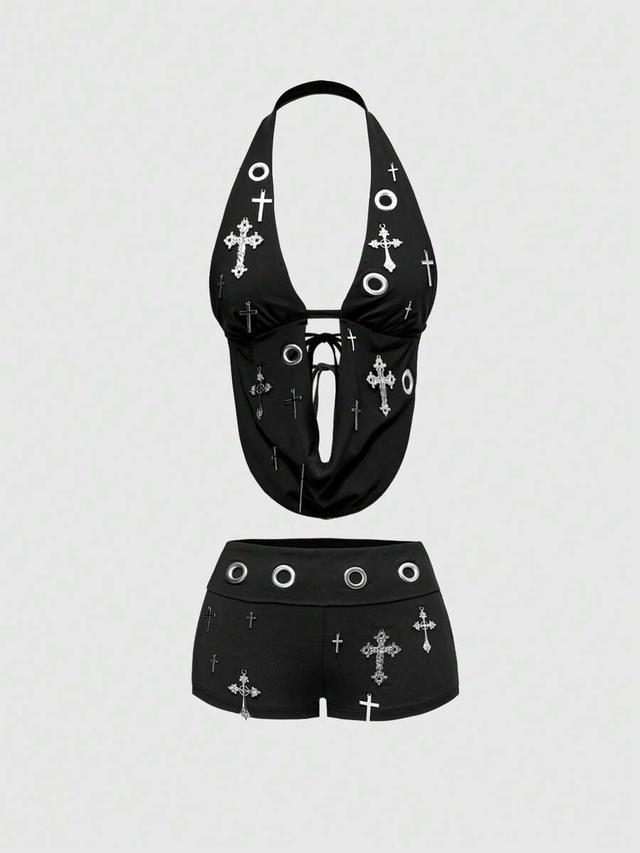 y2k baddie cross pendant grommet crop top shorts set